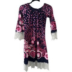 White Mark Geometric Polka Dot Mini Dress S Navy Pink Lace Trim Retro Mod Boho
