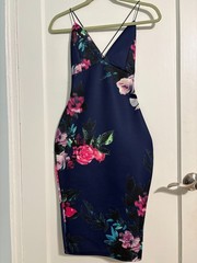 AX Paris Women&rsquo;s Sz S Navy Floral Bodycon Midi Dress Crisscross Strap Zip