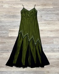 Vintage Y2K 90s Xscape Black Beaded Green Floral Bias Mermaid Gown Dress Fairy 8