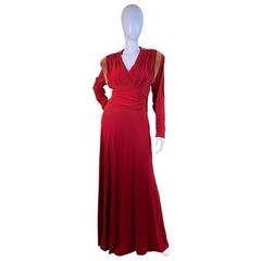 1940s Vintage Rayon Crepe Red Evening Gown Studded Bias Cut Restoration Project