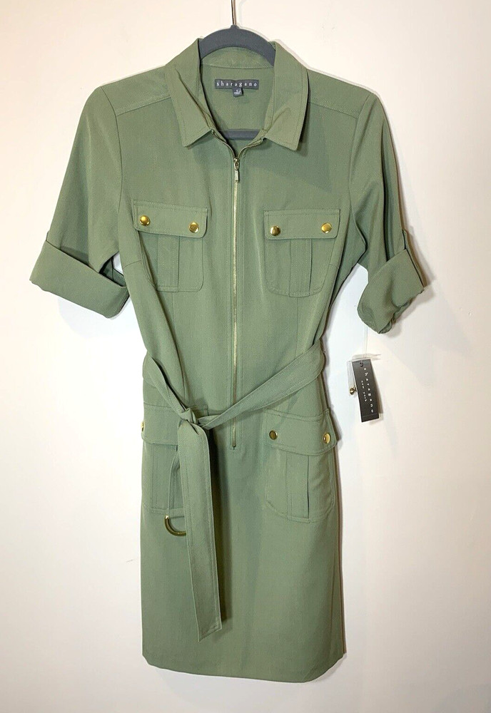 Sharagano Dress Womens 6 Green Utility Sheath Short Sleeve Safari New wTags