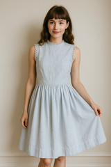 Vintage 60s Light Blue Daisy Embroidered Dress Mod High Neck Sleeveless XS/S