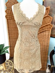 Kimikal Beige Gold Metallic Lace Mini Dress Lace-Up-Back sz M