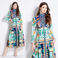 Vintage Floral Print Mock Neck Loops Long Sleeve Women Casual Party Shirt Dress