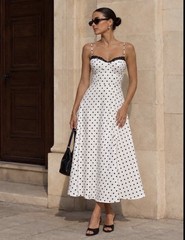 White/Black Polka Dot Sweetheart Strappy Midi Sundress Lace Trim, M Regular