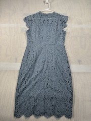 (671) MEROKEETY Women Lace Cocktail Dress Blue Gray Midi Sheath Size M NWT