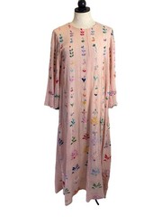 Vintage Embroidered Dress Maxi Angel Sleeve Pintuck Size M Pink Cotton Bohemian