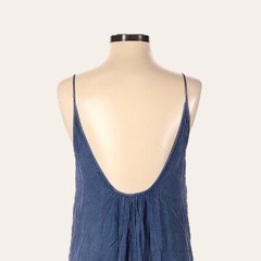 Chloe Oliver Anthropologie Blue Boho Fringe Swing Dress S Crochet Trim Low Back