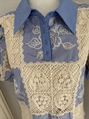 Sofie the label Blue Ivory Crochet Shirt Dress S Collared Puff Sleeve Button