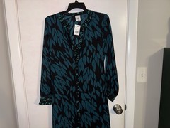 CAbi Women&rsquo;s XS Teal Green & Black Autumn Leaf Long Sleeve Shirt Maxi Dress NWT