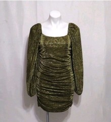 NWT Fiestar Metallic Olive Green Square Neck Ruched Long Sleeves Bodycon Dress M