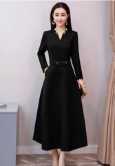 Womens Elegant V-Neck Belted Party Ball Gown Long Sleeve Slim Fit Maxi Dress