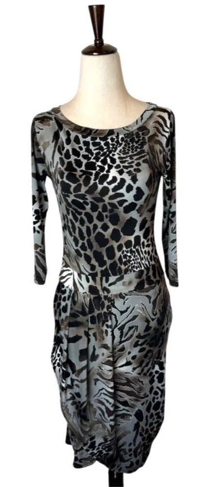 Giorgio Armani Dress Women XS Silver Black Jersey Knit Leopard Animal Print Mini