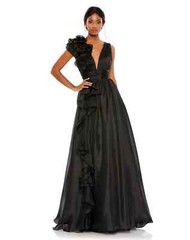 MAC DUGGAL 48856 Black Ruffle Shoulder V-Neck Empire Waist Maxi Ball-Gown 2 = XS