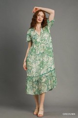 Umgee Green Tiered Floral Print Dress Tie Front Neckline Short Sleeves