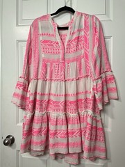 Elan Women’s Hot Pink Embroidered Dress Tunic Ruffles Pockets BoHo India Large