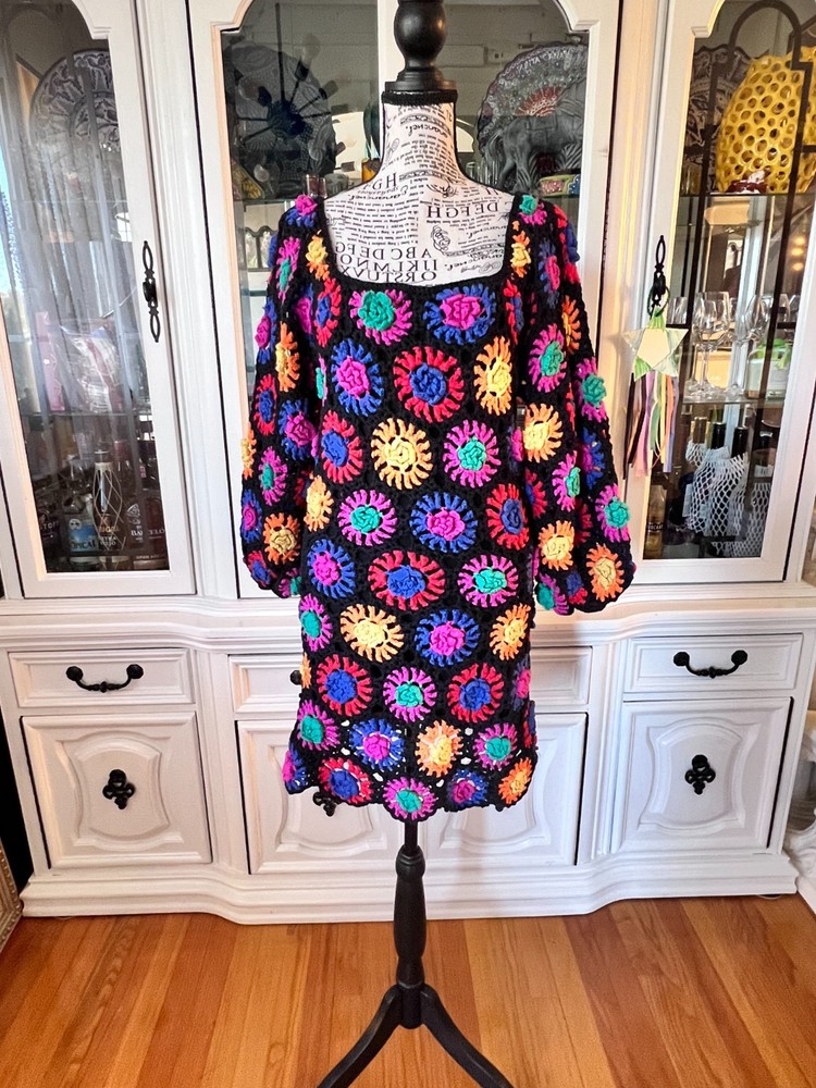 FARM Rio Colorful Crochet Flowers Sweater Mini Knit Dress M