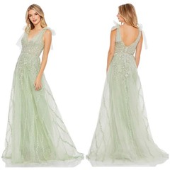 Mac Duggal NWT Sleeveless A-Line Embroidered Bow Tulle Dress Sage Green Size 14
