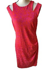 👗🔴CACHE Sz 14 Knit Filigree Pattern Cut-Out Shoulder Side Rushed Sheath Dress
