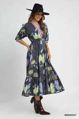 Midnight Umgee Abstract Floral Midi Dress with 3/4 Puff Sleeves