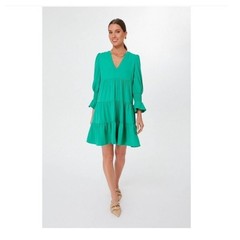 Pomander Place Kelly Green Tiered V-Neck Mini Dress Smocked Cuff Size XXXL