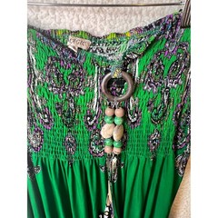 Magic Women 3X Green Paisley Smocked Maxi Dress Beaded Halter Strapless Boho