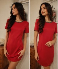 Women Red Solid Shift Short Dress Short Sleeve Round Neck Beaded Accents