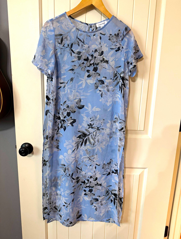 Calvin Klein Light Blue Floral Sheer Side Slit Tunic Swim Cover Up Dress Small