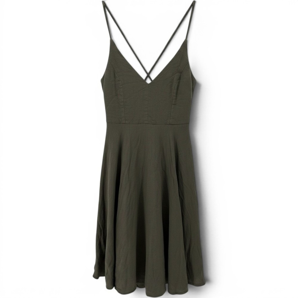 Lulus Skater Dress Women M Olive Green Lace Up Back Strappy V-Neck Mini Boho