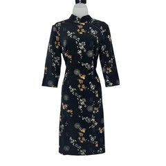 Connected Apparel Women&rsquo;s 8 Black Floral Cheongsam Mandarin Collar Midi Dress