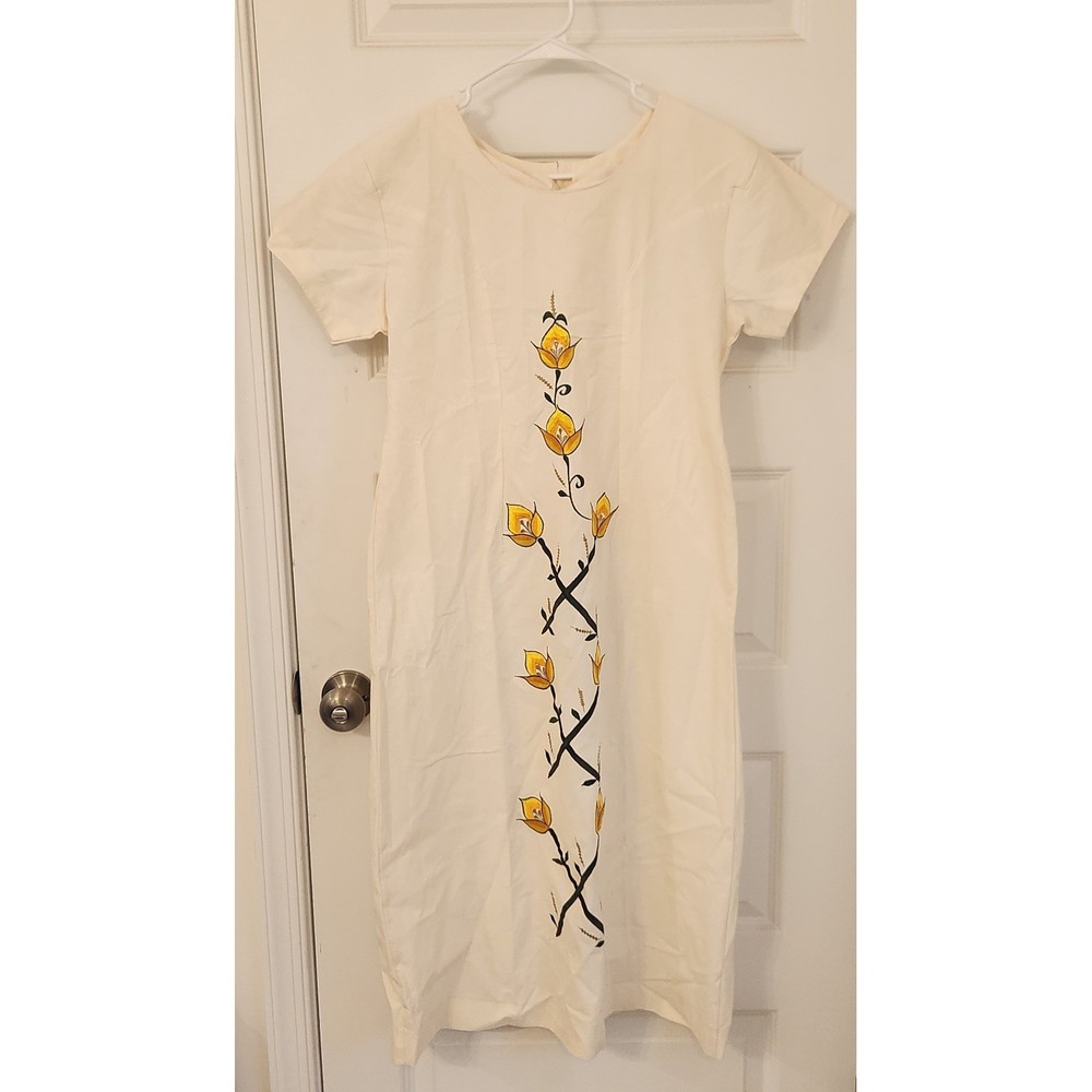 Vintage Ivory Floral Embroidered Midi Sheath Dress Short Sleeve Cream Yellow S