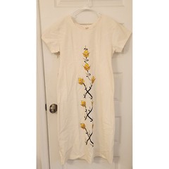 Vintage Ivory Floral Embroidered Midi Sheath Dress Short Sleeve Cream Yellow S
