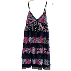 Floral Leopard Patchwork Tiered Ruffle Mini Dress Pink Black Animal Print Lace