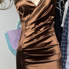 Windsor Brown Solid Satin Ruched Mini Dress V-Neck Spaghetti Strap XS