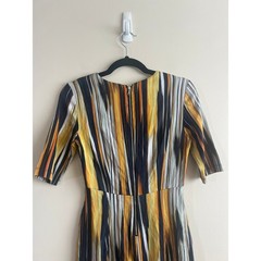 SUNO NYC Abstract Stripe Midi Dress Size 2 Ikat Print Cutout Waist Office Siren