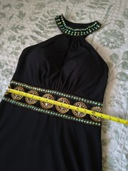 Dave & Johnny Black Beaded Halter Prom Evening Gown Train Built-In Cups Size S