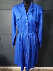J.G. Hook Vintage Dress Wool Blend Blue Sz 12 Button Up Shoulder Pads V Neck…