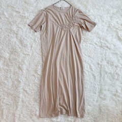 USED ISSEY MIYAKE LONG DRESS WITH EMBROIDERED CHEST DESIGN, SIZE M, BEIGE, FLO