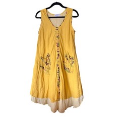 Sompongs Mustard Yellow Boho Floral Trim Sleeveless High Low Midi Dress Size L