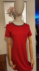 Women Red Solid Shift Short Dress Short Sleeve Round Neck Beaded Accents