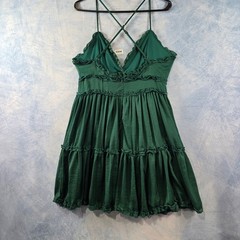 She + Sky Emerald Green Ruffle Tiered Babydoll Mini Dress Cross Back Small