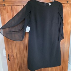Black Dress Medium Sheer Split Sleeve Stretch Shift Party Cocktail, NWT