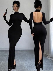 Black Backless High Neck Long Sleeve Stretch Bodycon Maxi Dress Size M