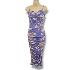 Privy Purple Floral Mesh Ruched Bustier Bodycon Midi Dress Womens Size Medium