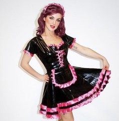 Misfitz black PVC & hot pink satin lace up Sissy Maids dress. SIZE 20. TV CD