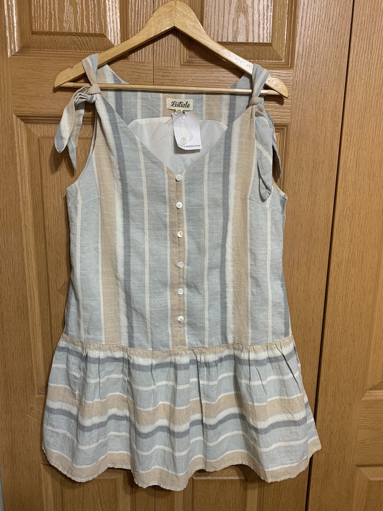 Striped Tie Strap Sundress Button Front Ruffle Hem Knee Length Medium