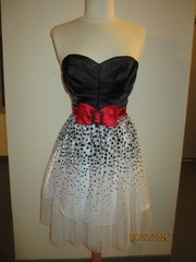 strapless black satin + white glitter tulle polka dot dress sz M, red satin bow