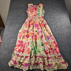 POL Womens Floral Patchwork Tiered Maxi Dress Smocked Waist Lace Trim Multi S
