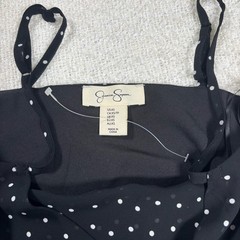 jessica simpson y2k 2000s black & white polkadot dress ruffle asymmetrical chic