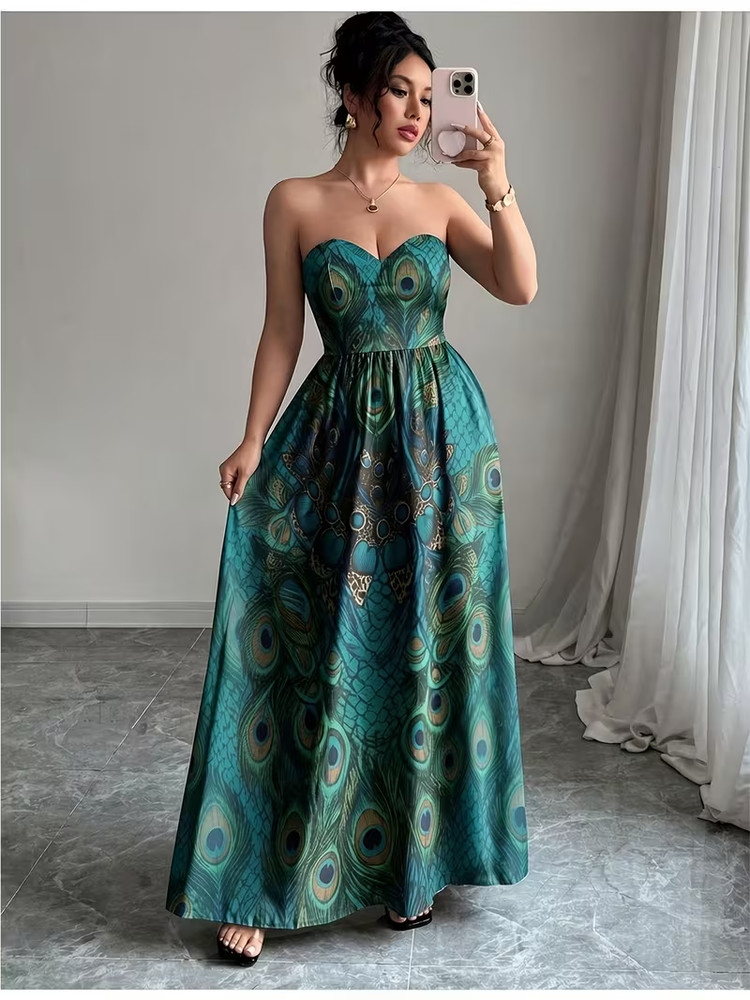 Strapless Peacock Print Evening Gown Machine Washable Elegance